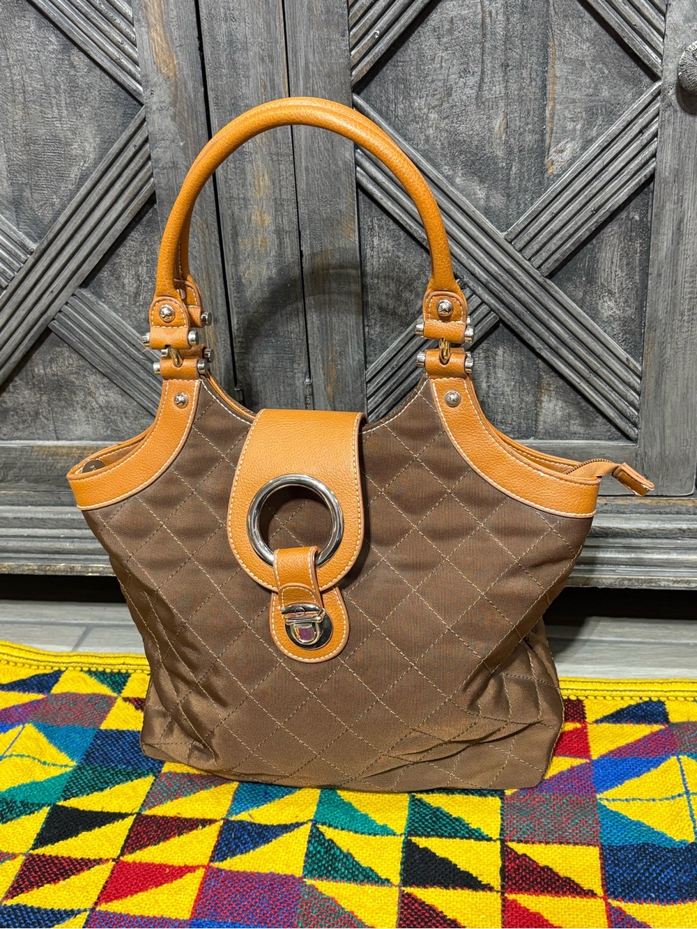 Sydney  Love bag Quilted Brown and Tan Ring-Accent Tote Bag